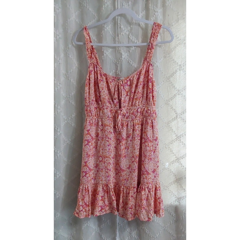 American Eagle Pink Orange Floral‎ Tie Front Ruffle Mini Dress Womens Size Large